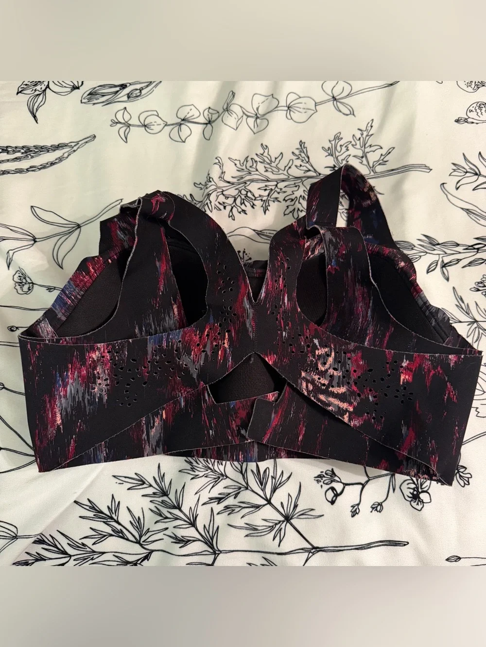 Victoria Sport Printed High-Support Sports Bra in Black with Pink & Blue Accents